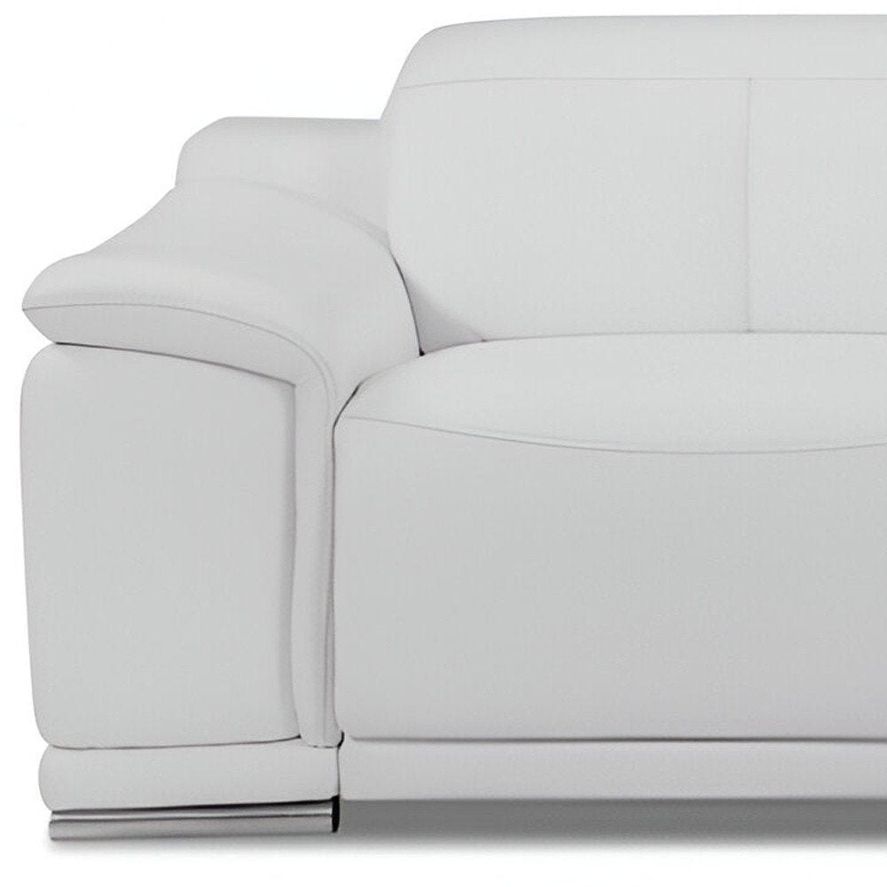 86" White Italian Leather USB Reclining Sofa With Silver Legs HomeRoots