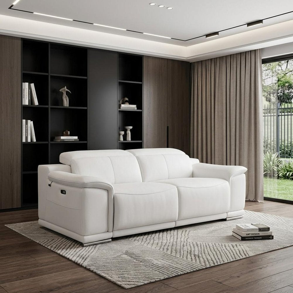 86" White Italian Leather USB Reclining Sofa With Silver Legs HomeRoots