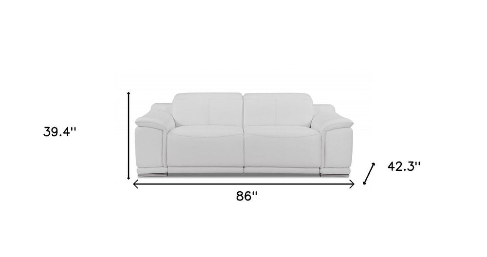 86" White Italian Leather USB Reclining Sofa With Silver Legs HomeRoots