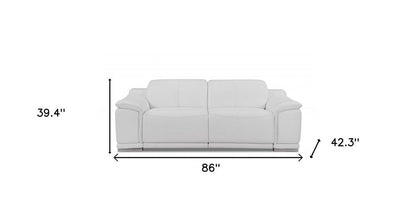 86" White Italian Leather USB Reclining Sofa With Silver Legs HomeRoots