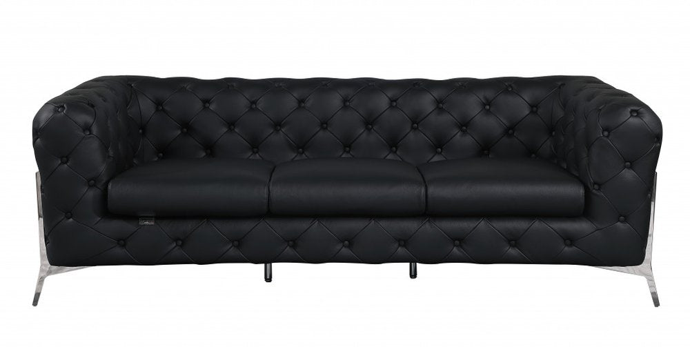 93" Black Italian Leather Chesterfield Sofa With Silver Legs HomeRoots