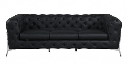 93" Black Italian Leather Chesterfield Sofa With Silver Legs HomeRoots
