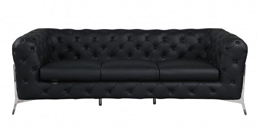 93" Black Italian Leather Chesterfield Sofa With Silver Legs HomeRoots