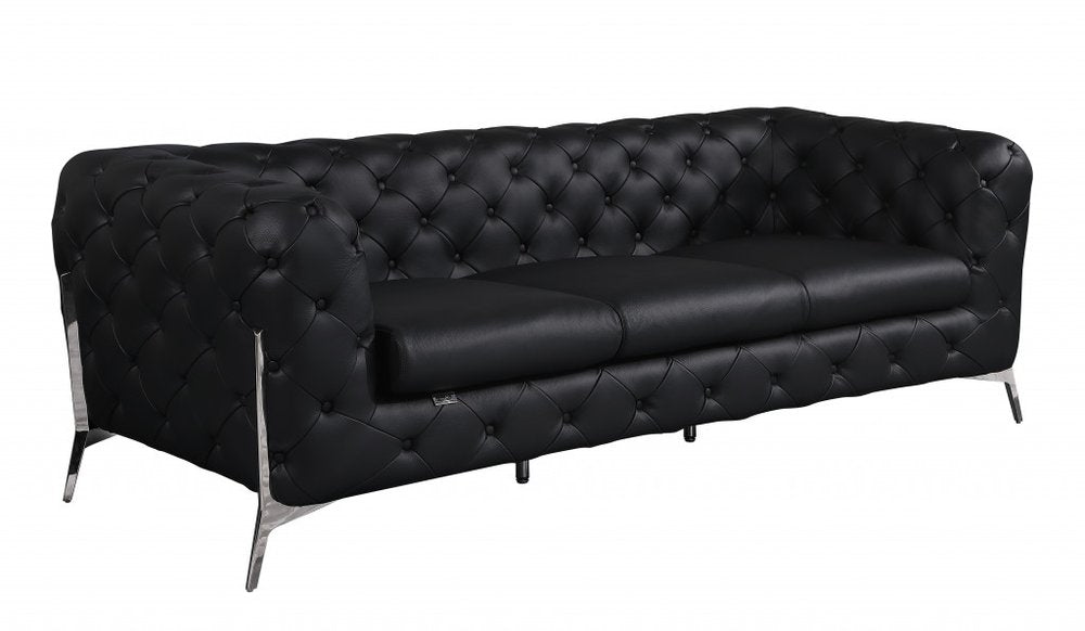 93" Black Italian Leather Chesterfield Sofa With Silver Legs HomeRoots