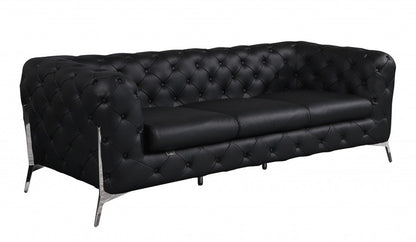 93" Black Italian Leather Chesterfield Sofa With Silver Legs HomeRoots