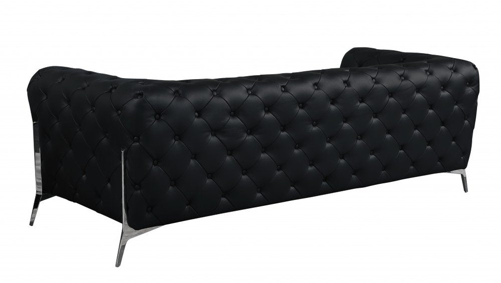 93" Black Italian Leather Chesterfield Sofa With Silver Legs HomeRoots