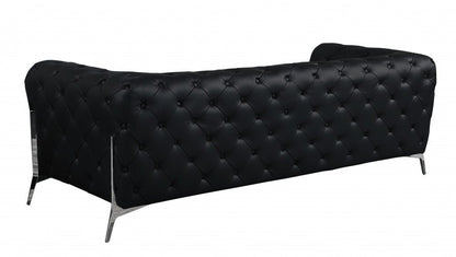 93" Black Italian Leather Chesterfield Sofa With Silver Legs HomeRoots