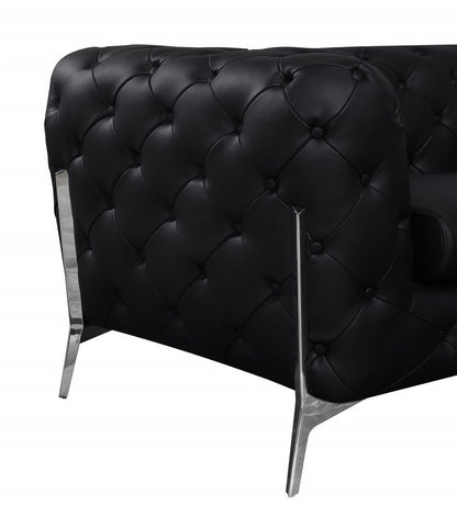 93" Black Italian Leather Chesterfield Sofa With Silver Legs HomeRoots