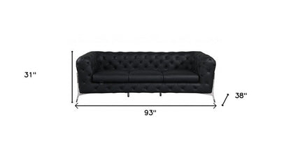 93" Black Italian Leather Chesterfield Sofa With Silver Legs HomeRoots