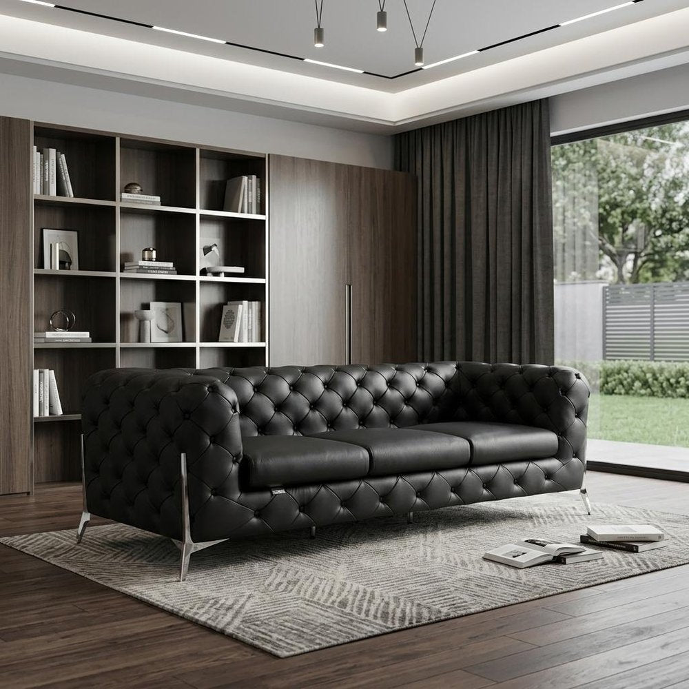 93" Black Italian Leather Chesterfield Sofa With Silver Legs HomeRoots