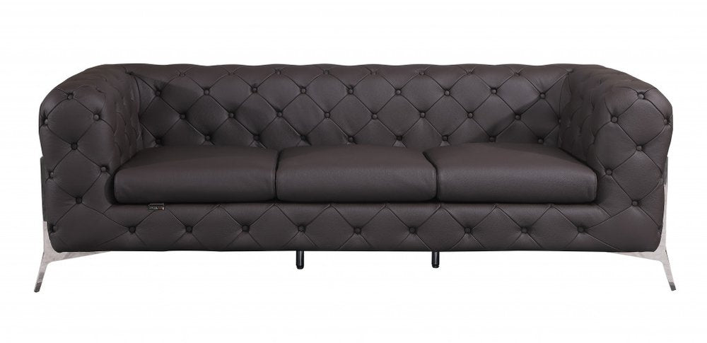 93" Brown Italian Leather Chesterfield Sofa With Silver Legs HomeRoots