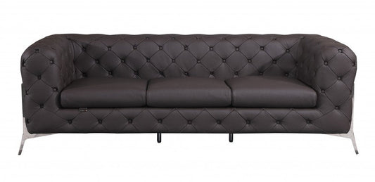 93" Brown Italian Leather Chesterfield Sofa With Silver Legs HomeRoots