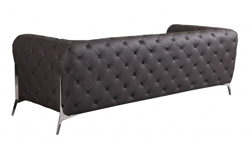 93" Brown Italian Leather Chesterfield Sofa With Silver Legs HomeRoots