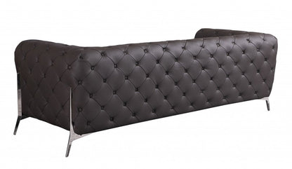 93" Brown Italian Leather Chesterfield Sofa With Silver Legs HomeRoots