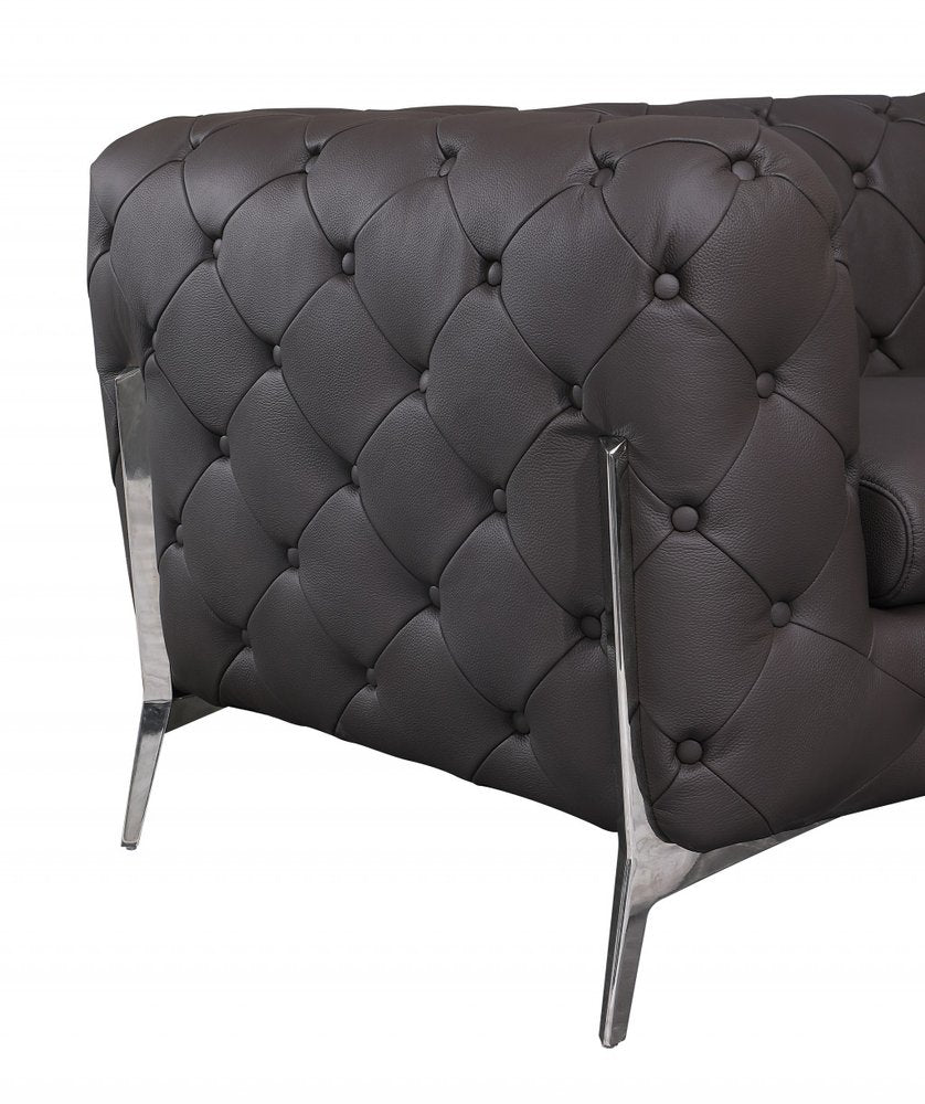 93" Brown Italian Leather Chesterfield Sofa With Silver Legs HomeRoots