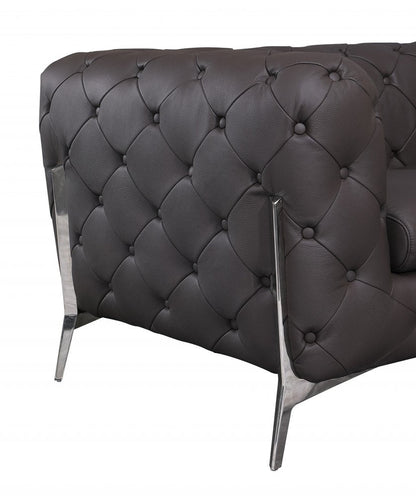 93" Brown Italian Leather Chesterfield Sofa With Silver Legs HomeRoots