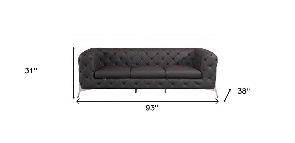 93" Brown Italian Leather Chesterfield Sofa With Silver Legs HomeRoots