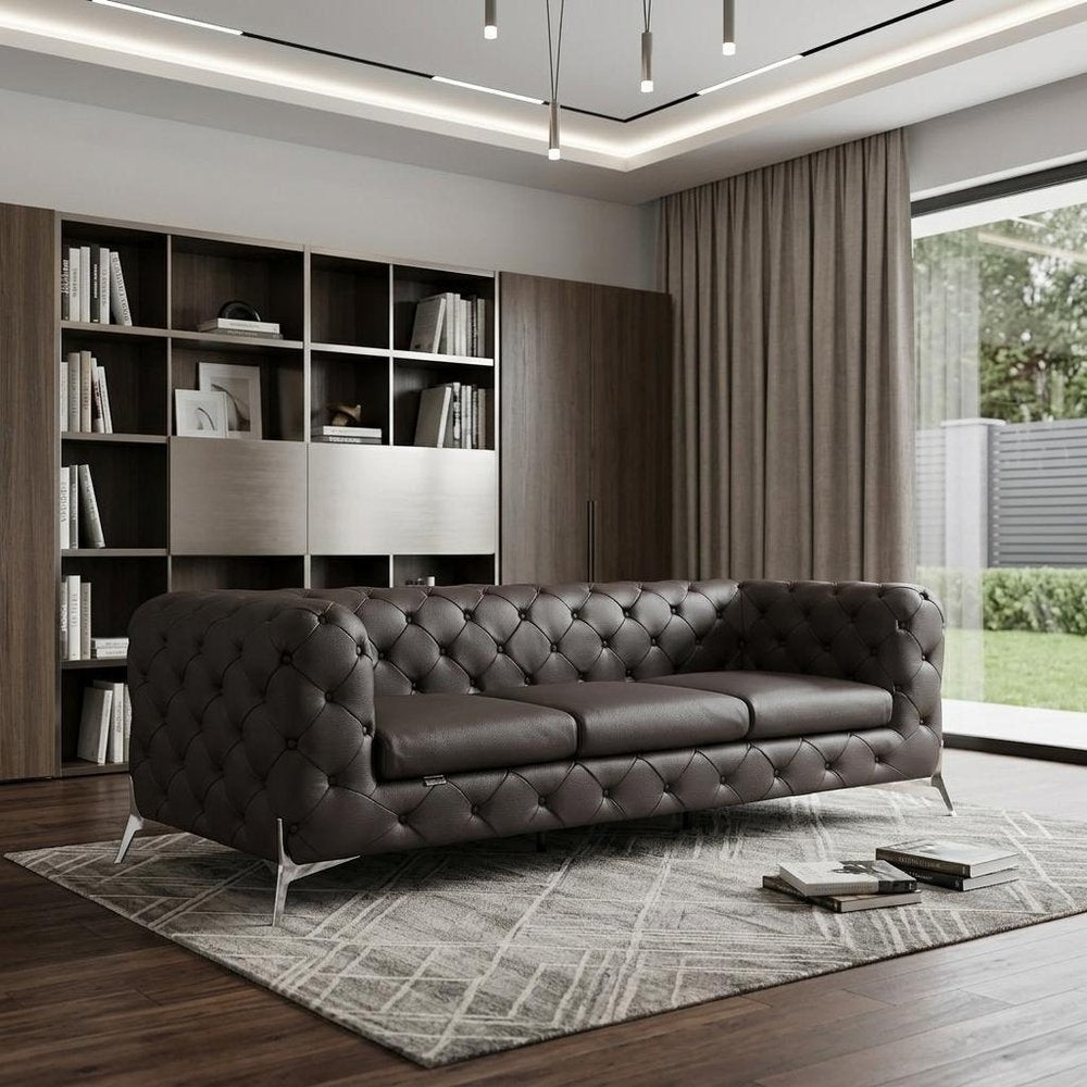 93" Brown Italian Leather Chesterfield Sofa With Silver Legs HomeRoots