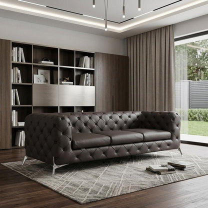 93" Brown Italian Leather Chesterfield Sofa With Silver Legs HomeRoots