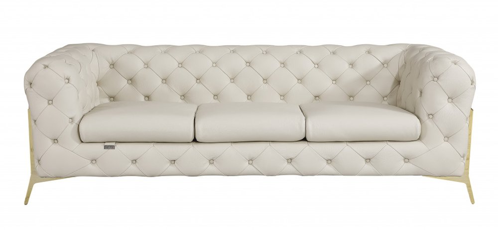 93" Beige Italian Leather Chesterfield Sofa With Silver Legs HomeRoots