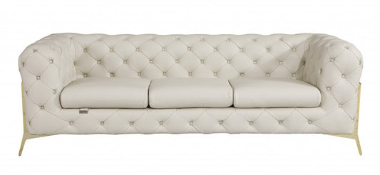 93" Beige Italian Leather Chesterfield Sofa With Silver Legs HomeRoots