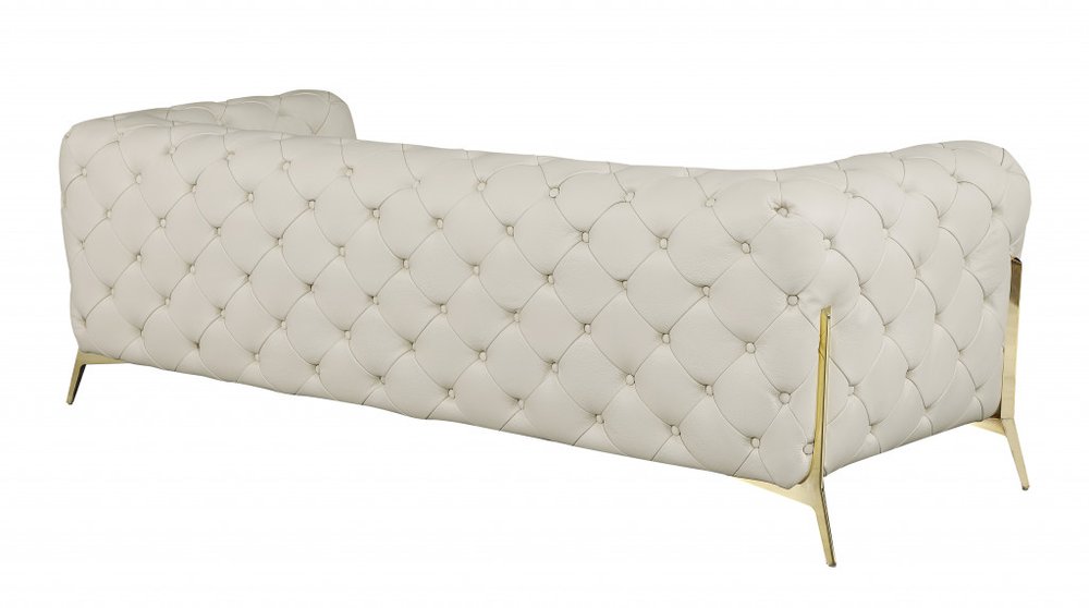 93" Beige Italian Leather Chesterfield Sofa With Silver Legs HomeRoots