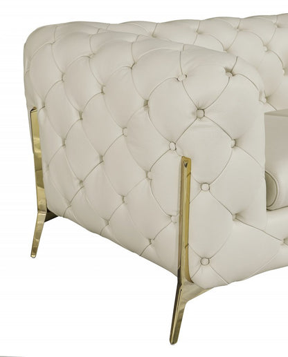 93" Beige Italian Leather Chesterfield Sofa With Silver Legs HomeRoots