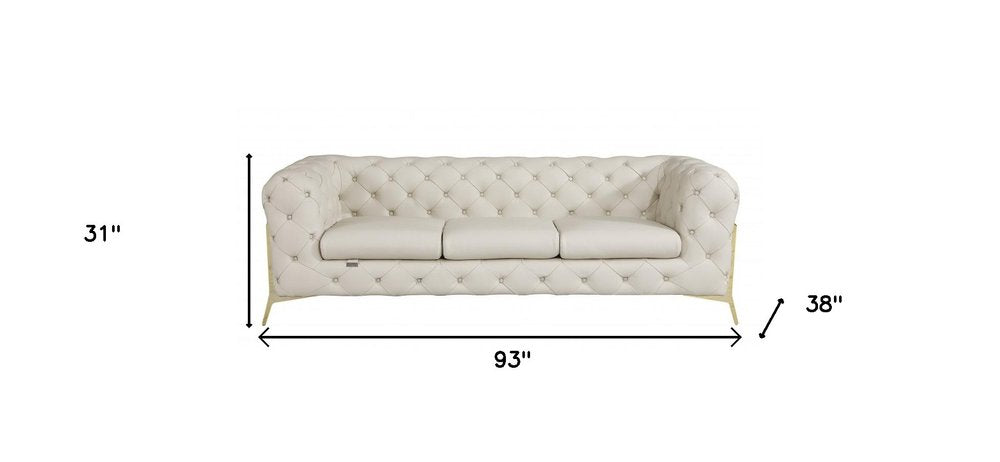 93" Beige Italian Leather Chesterfield Sofa With Silver Legs HomeRoots