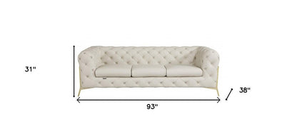 93" Beige Italian Leather Chesterfield Sofa With Silver Legs HomeRoots