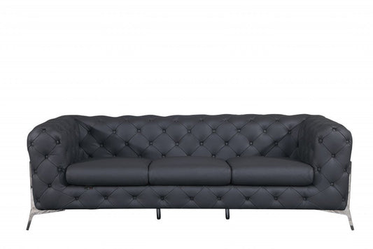 93" Dark Gray Italian Leather Chesterfield Sofa With Silver Legs HomeRoots