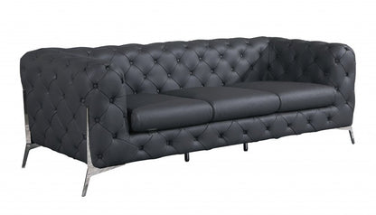 93" Dark Gray Italian Leather Chesterfield Sofa With Silver Legs HomeRoots