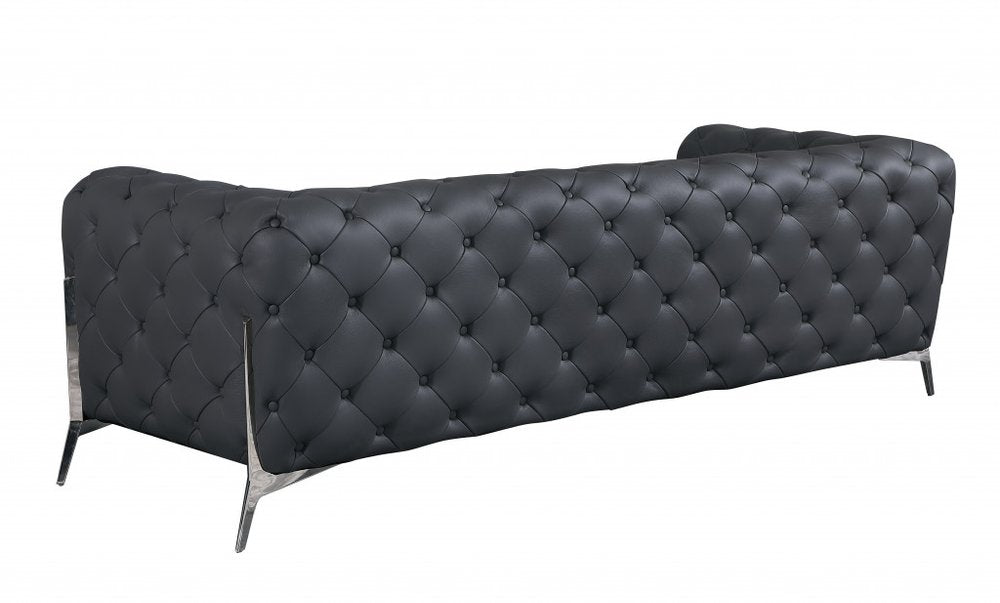 93" Dark Gray Italian Leather Chesterfield Sofa With Silver Legs HomeRoots