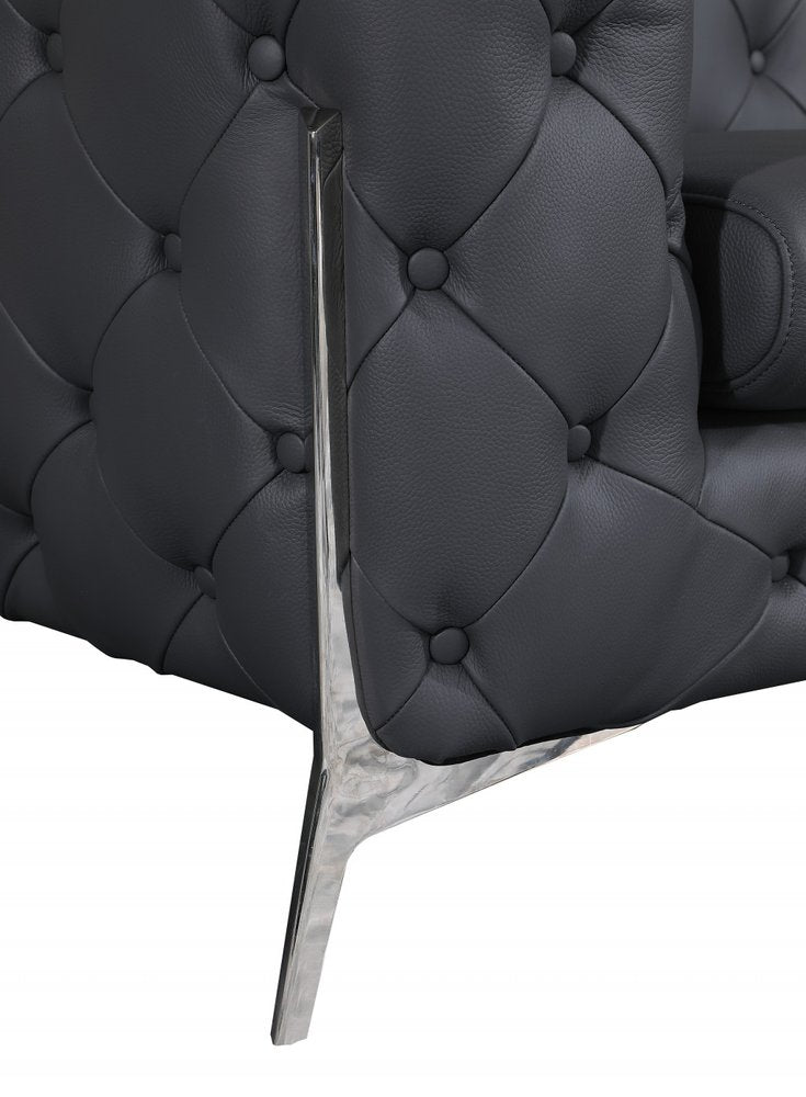 93" Dark Gray Italian Leather Chesterfield Sofa With Silver Legs HomeRoots