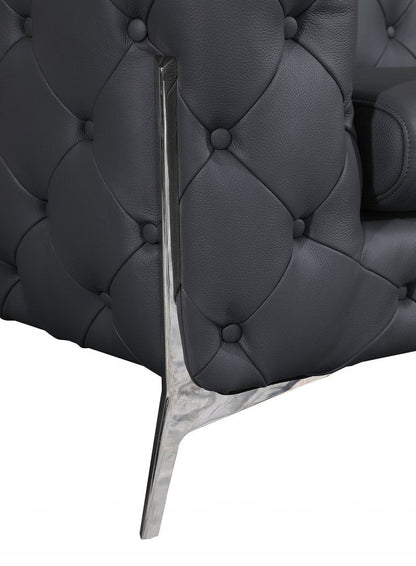 93" Dark Gray Italian Leather Chesterfield Sofa With Silver Legs HomeRoots