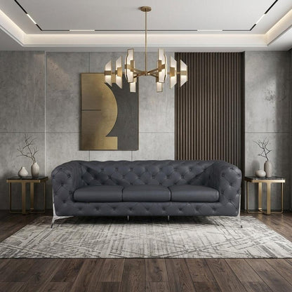 93" Dark Gray Italian Leather Chesterfield Sofa With Silver Legs HomeRoots