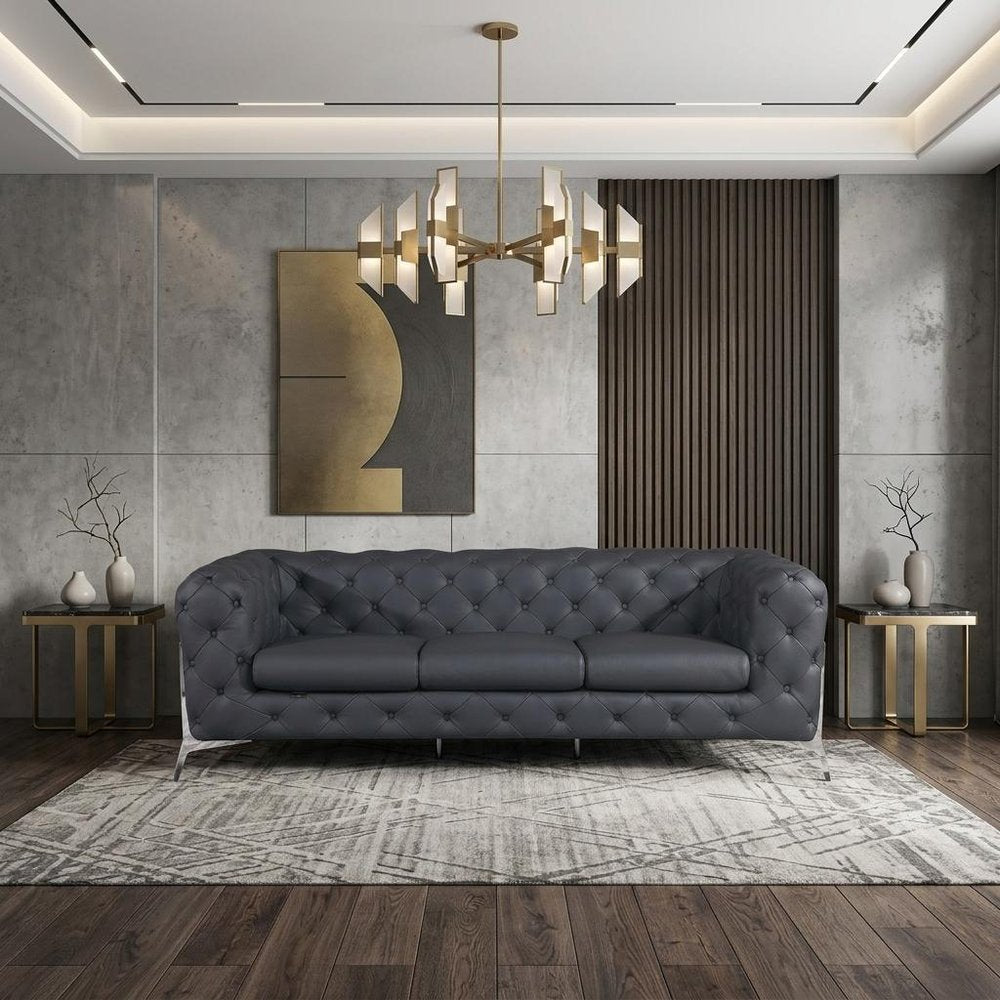 93" Dark Gray Italian Leather Chesterfield Sofa With Silver Legs HomeRoots