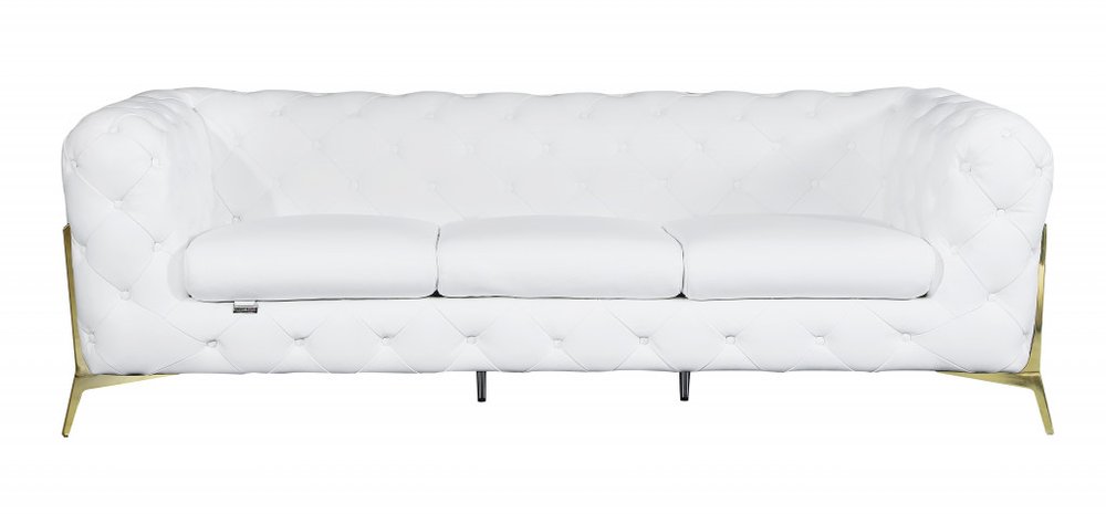 93" White Italian Leather Chesterfield Sofa With Silver Legs HomeRoots
