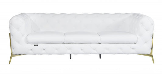93" White Italian Leather Chesterfield Sofa With Silver Legs HomeRoots