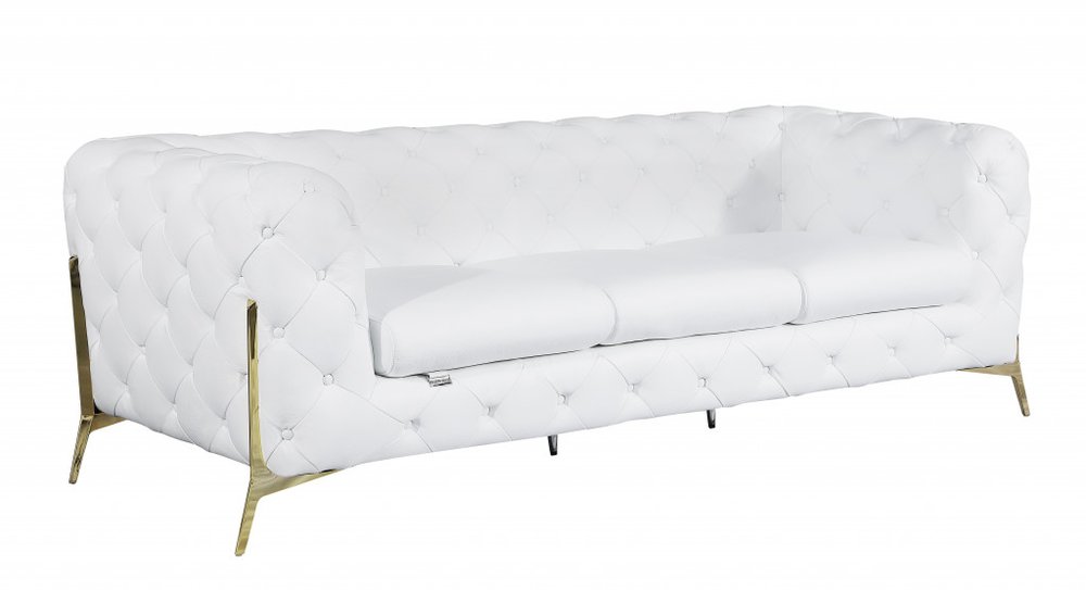93" White Italian Leather Chesterfield Sofa With Silver Legs HomeRoots