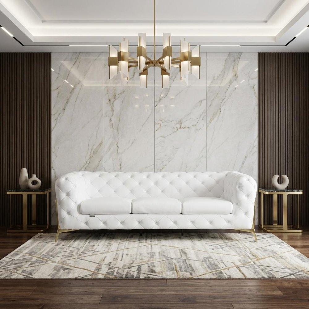 93" White Italian Leather Chesterfield Sofa With Silver Legs HomeRoots