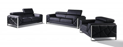 Three Piece Indoor Black Italian Leather Six Person Seating Set HomeRoots