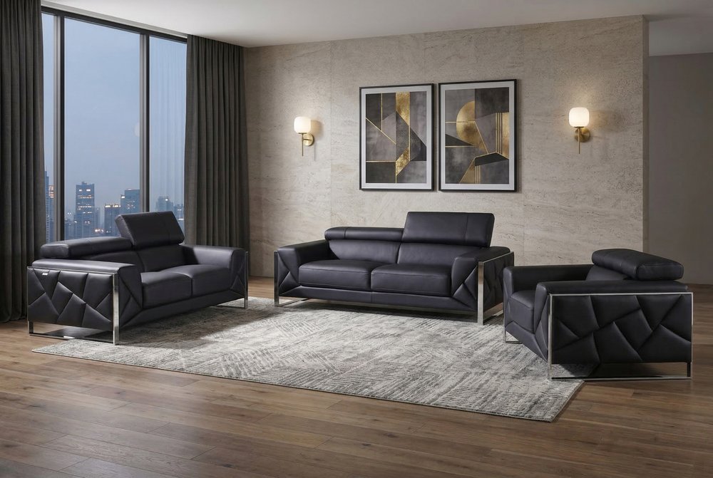 Three Piece Indoor Black Italian Leather Six Person Seating Set HomeRoots