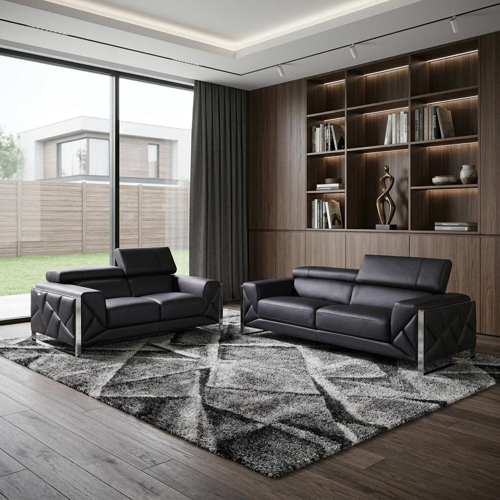 Two Piece Indoor Black Italian Leather Five Person Seating Set HomeRoots