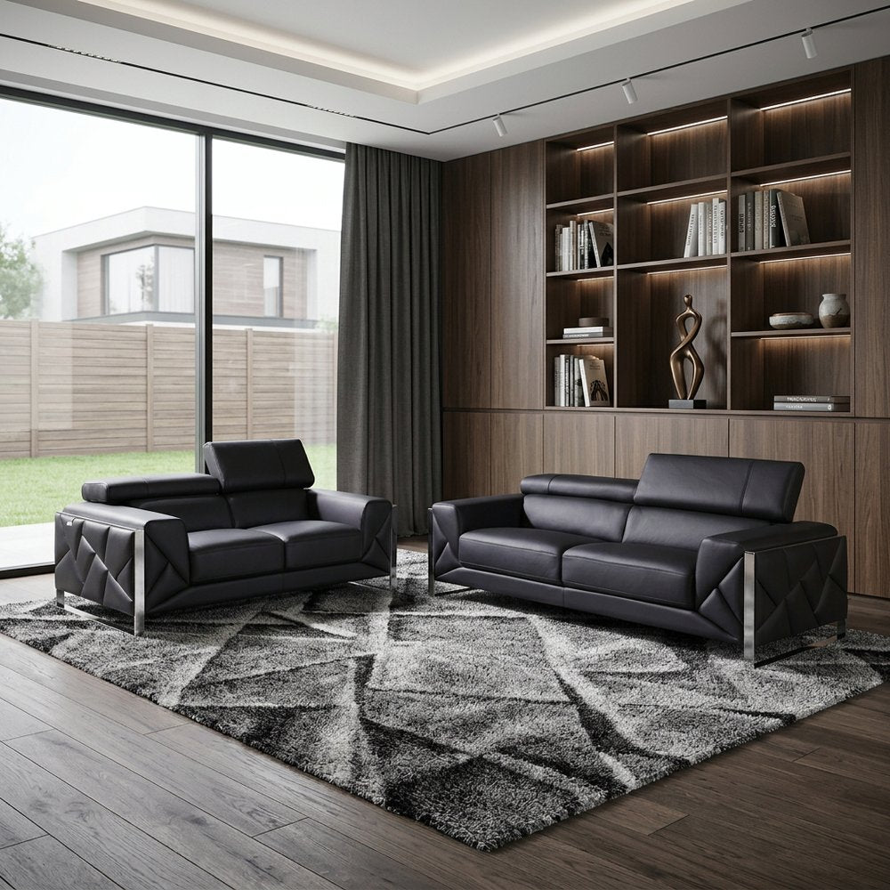 Two Piece Indoor Black Italian Leather Five Person Seating Set HomeRoots
