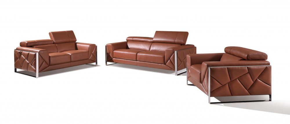 Three Piece Indoor Camel Italian Leather Six Person Seating Set HomeRoots