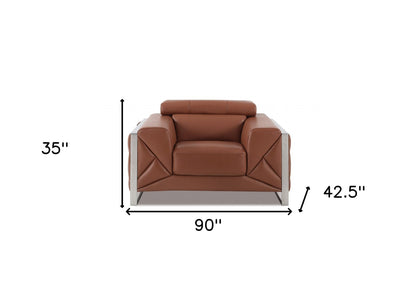 Three Piece Indoor Camel Italian Leather Six Person Seating Set