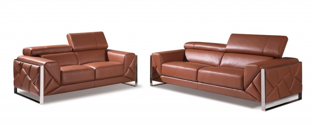 Two Piece Indoor Camel Italian Leather Five Person Seating Set HomeRoots