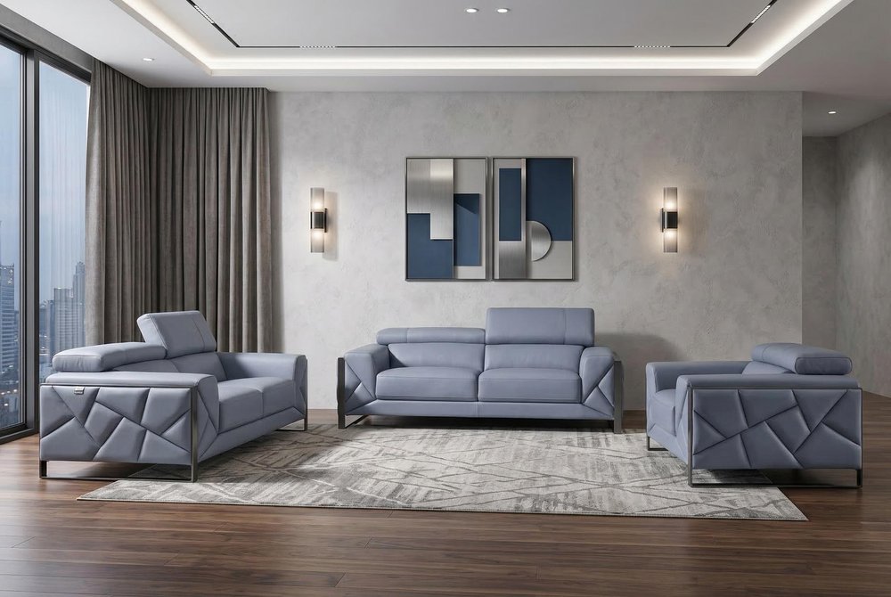 Three Piece Indoor Light Blue Italian Leather Six Person Seating Set HomeRoots