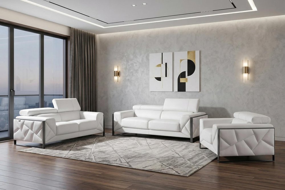 Three Piece Indoor White Italian Leather Six Person Seating Set HomeRoots