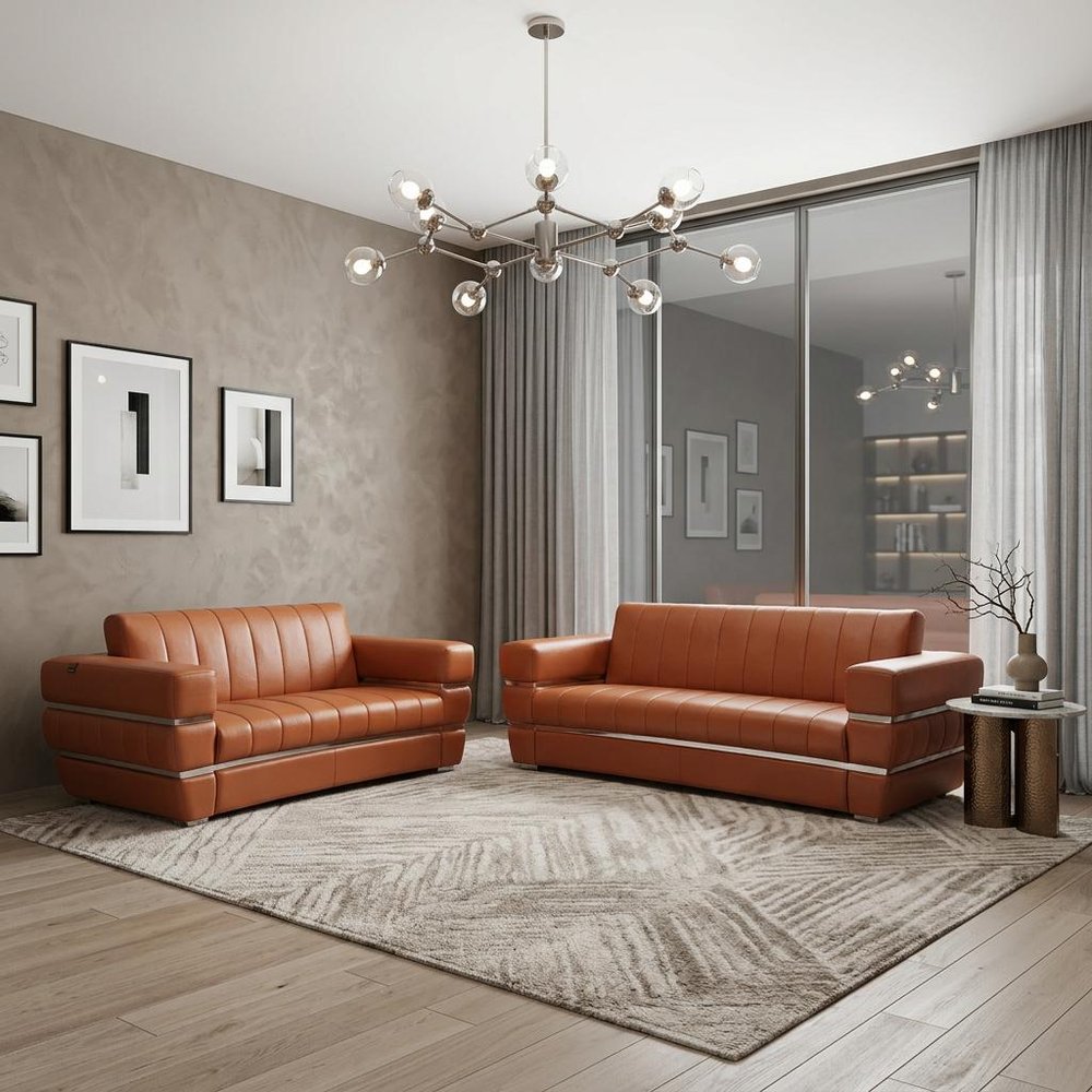 Two Piece Indoor Camel Italian Leather Five Person Seating Set HomeRoots